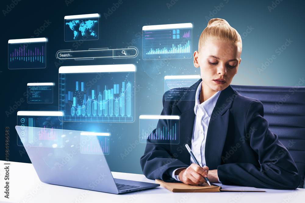 Poster businesswoman analyzing financial data with digital graphs hologram on desktop in a modern office en
