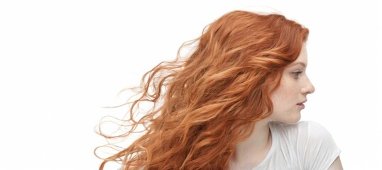 Obraz premium Serious young woman with long wavy red hair styled in loose curls, wearing white top, against plain white background.