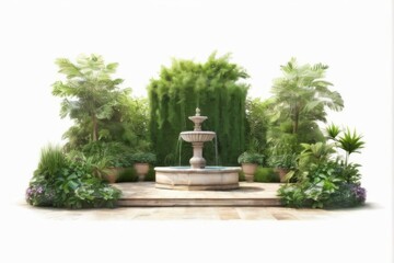 Serene garden with stone fountain, lush greenery, and tranquil atmosphere  digital illustration.