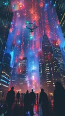 Fototapeta premium A futuristic cityscape with a drone flying overhead and people in the foreground.