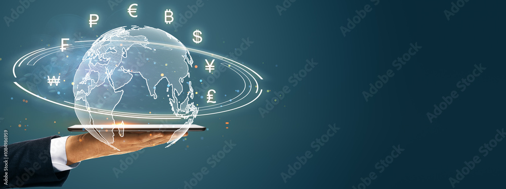 Poster Hand holding tablet with global map and currency symbols on dark background, representing international finance and digital economy.
