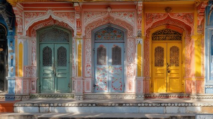 Obraz premium A vibrant photo showcasing three intricately painted doors in pastel colors, highlighting traditional architectural details and artistic craftsmanship.