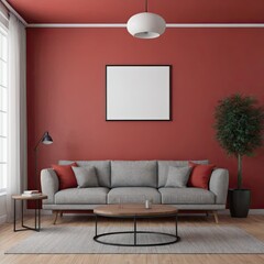 Cozy Modern Living Room Interior with Elegant Furniture and Blank Canvas on Bold Red Wall – 3D Rendering