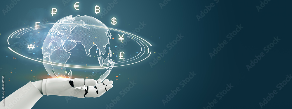 Poster Robotic hand holding a globe surrounded by various currency symbols on a digital background. 3D Rendering