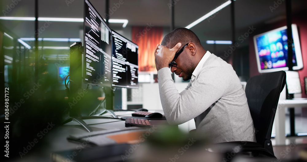 Poster Unhappy Sad Developer Programmer Man In Stress Coding Software