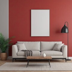 Cozy Modern Living Room Interior with Elegant Furniture and Blank Canvas on Bold Red Wall – 3D Rendering