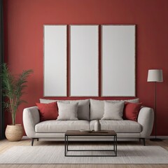 Cozy Modern Living Room Interior with Elegant Furniture and Blank Canvas on Bold Red Wall – 3D Rendering