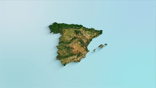 Spain animated map showing regions forming the country with a physical map background and a chroma key alpha channel.