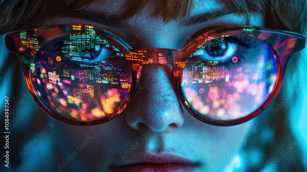 Poster close-up of a woman's face with glasses reflecting colorful lights and code.