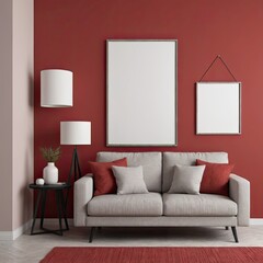 Cozy Modern Living Room Interior with Elegant Furniture and Blank Canvas on Bold Red Wall &ndash; 3D Rendering