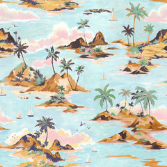 Beautiful tropical seamless pattern with hand drawn paradise islands with mountains and palm trees on beaches with ocean and clouds in sky. Ready tropical print design.