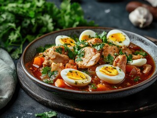 Bowl of Soup with Hard Boiled Eggs and Meat