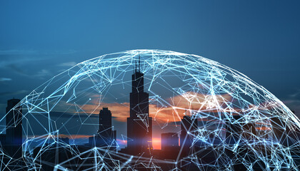 Global network connections overlaying a cityscape at sunset, symbolizing worldwide digital...
