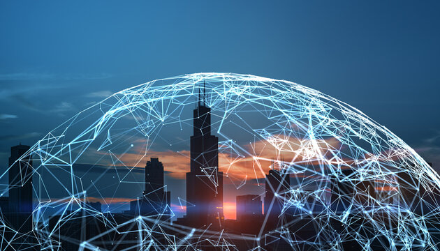 Global network connections overlaying a cityscape at sunset, symbolizing worldwide digital communications and technological advancements.