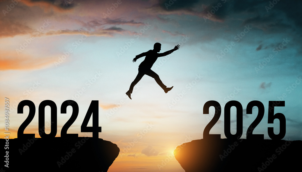 Poster silhouette of person jumping from 2024 to 2025 at sunset, symbolizing transition and new beginnings 