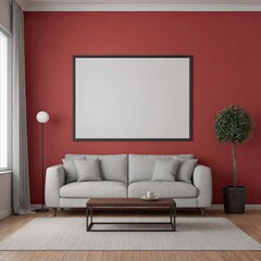 Cozy Modern Living Room Interior with Elegant Furniture and Blank Canvas on Bold Red Wall – 3D Rendering
