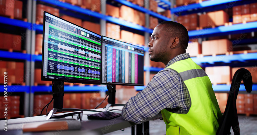 Aufkleber warehouse inventory management on computer