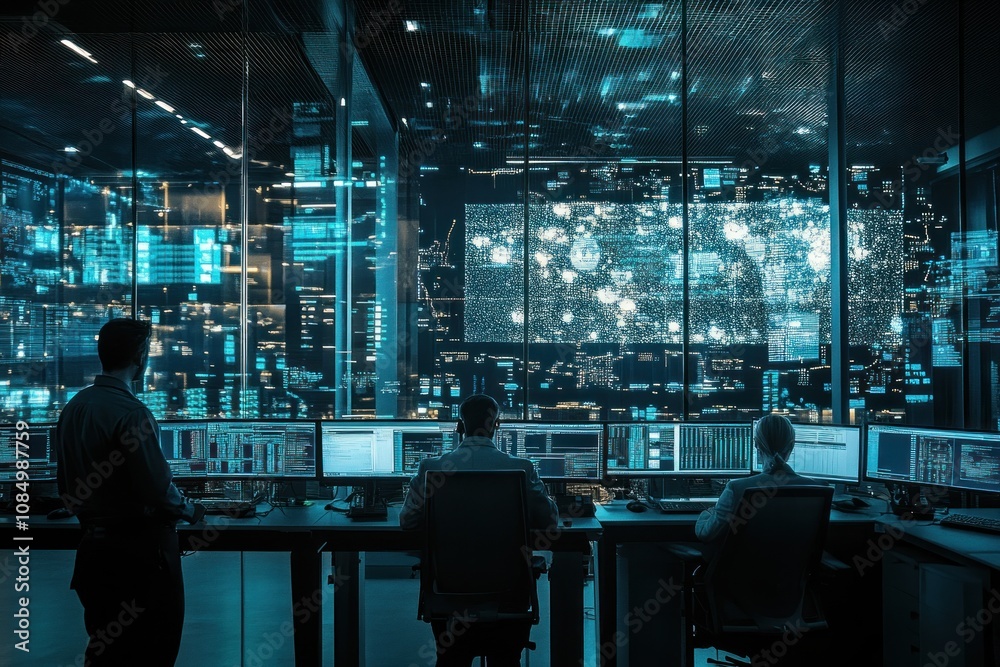 Leinwandbilder Three IT specialists are working in a dark room with blue lighting.  They are looking at computer screens with data and a large monitor displaying world map with glowing dots.
