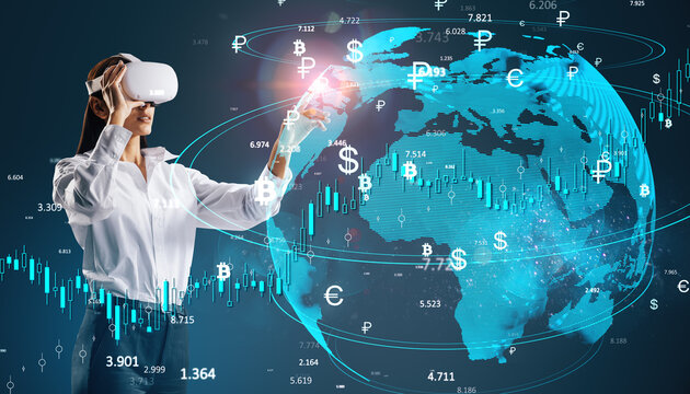 Woman with VR headset interacting with holographic global financial data and currency symbols.