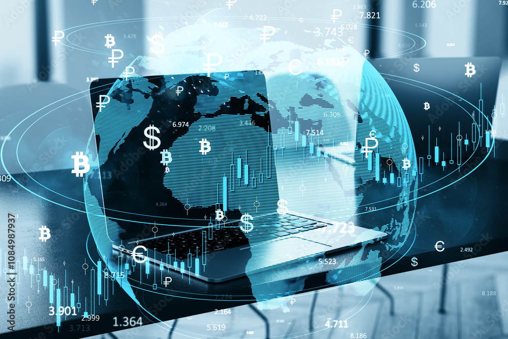 Poster digital globe with currency symbols and financial data overlay on laptop.