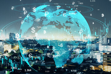 Global Finance Concept with Currency Symbols and Cityscape Overlay.