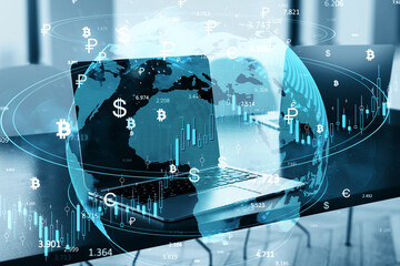 Digital Globe with Currency Symbols and Financial Data Overlay on Laptop.