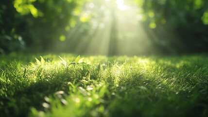 Naklejka premium Green lawn with copyspace and flare. Generative AI