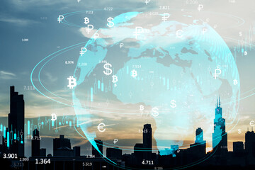 Global Financial Symbols Overlay on Chicago Skyline at Sunset.