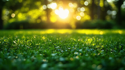 Naklejka premium Green lawn with copyspace and flare. Generative AI