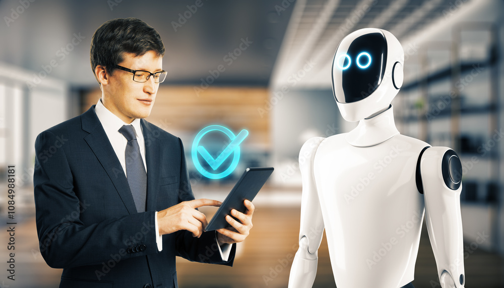 Poster Businessman using tablet with a robot assistant in a modern office environment.