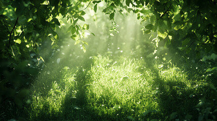 Fototapeta premium Green lawn with copyspace and flare. Generative AI