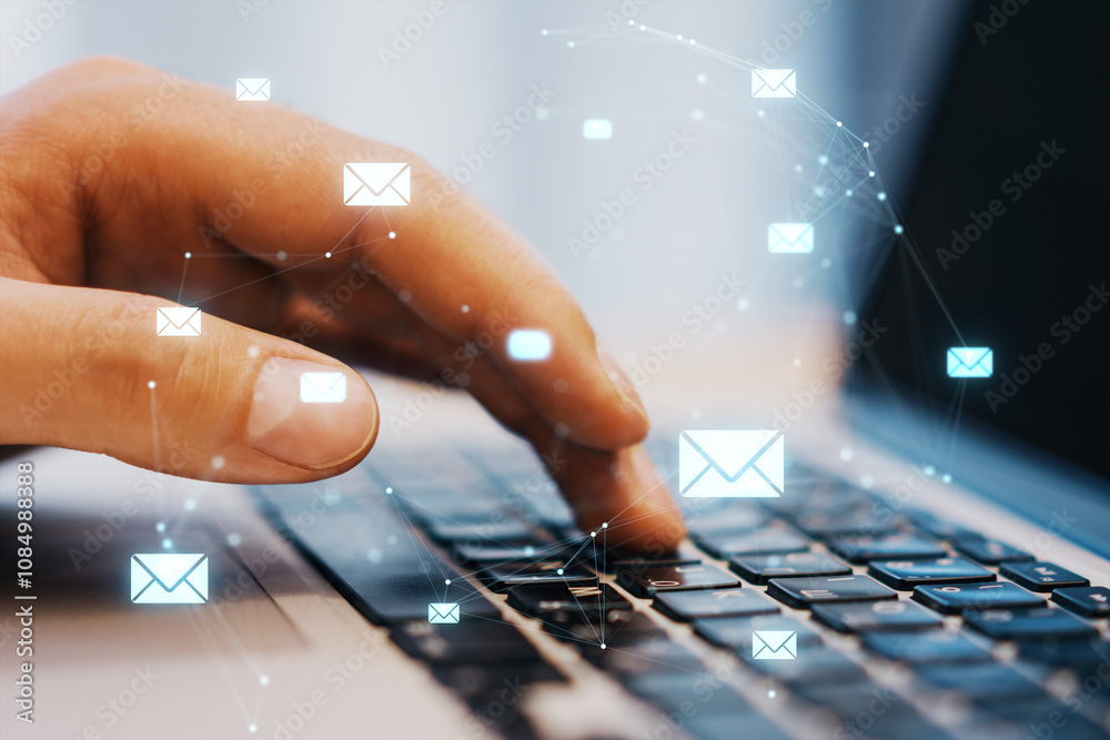Aufkleber Typing on Keyboard with Email Icons Overlay.