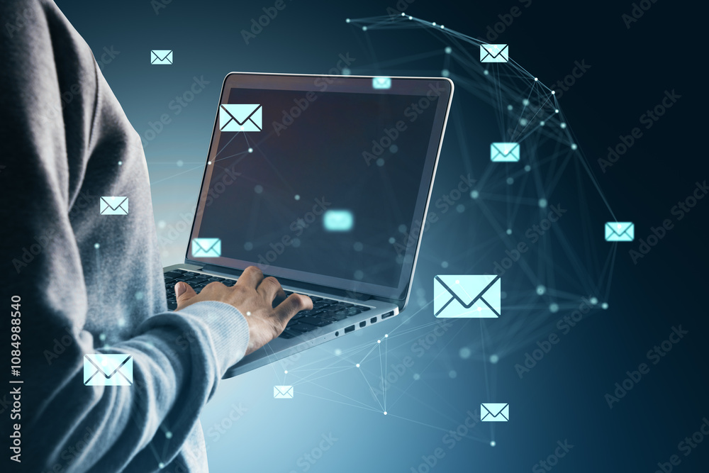Poster Person using laptop surrounded by digital envelopes, symbolizing email communication in a technological context.