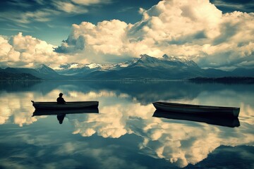 A lone figure sits in a small boat on a calm lake, mountains in the background, with a reflection of the clouds and boats in the water.
