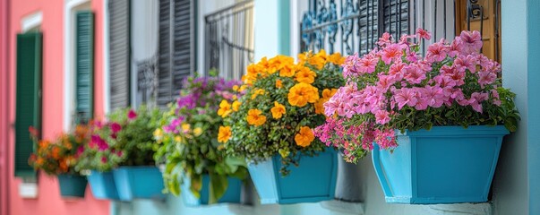 A vibrant display of colorful flowers in blue pots adorns a charming wall, adding charm and beauty to the urban landscape.