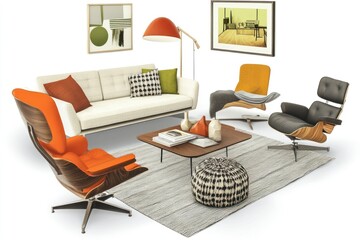 Modern living room interior design with a white sofa, two armchairs, a coffee table, and a pouf.