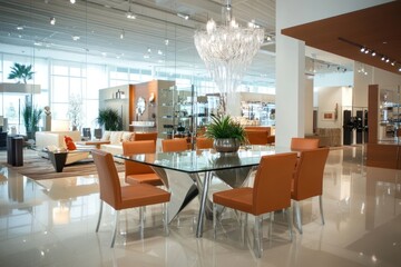 Fototapeta premium Modern dining room set with glass table and orange leather chairs in a showroom.