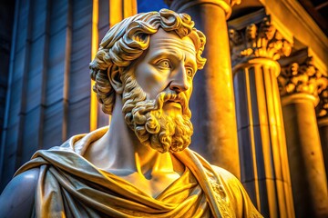 Obraz premium Majestic Marble Statue, Golden Accents, Stoic Philosopher, Low Light, Fine Art