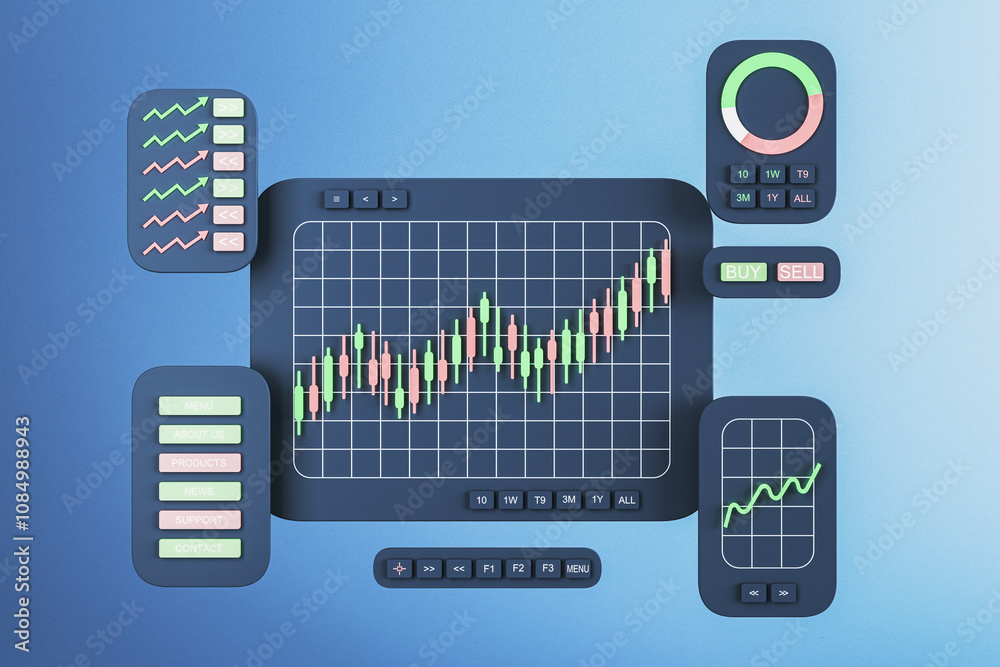 Poster financial trading interface with candlestick chart, buttons, and icons on monitors. blue background.