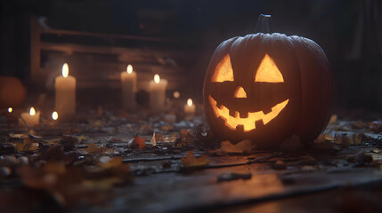 Obraz premium Spooky Jack-O-Lantern with Glowing Candles - 3D Illustration