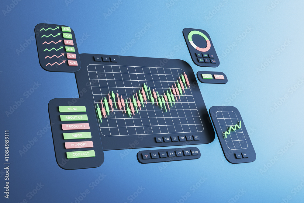 Poster trading interface with candlestick chart, buttons, and icons on blue background, representing market