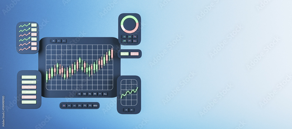 Poster Financial market dashboard with multiple trading charts and graphs on a blue background, showing candlestick patterns and growth trends. 3D Rendering