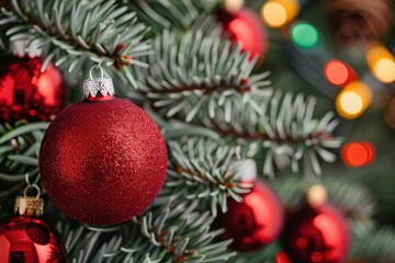 Fototapeta premium A frosted red ornament and Christmas Lights.A close-up of a glittering red Christmas ornament hanging from evergreen branches, surrounded by colorful holiday lights.