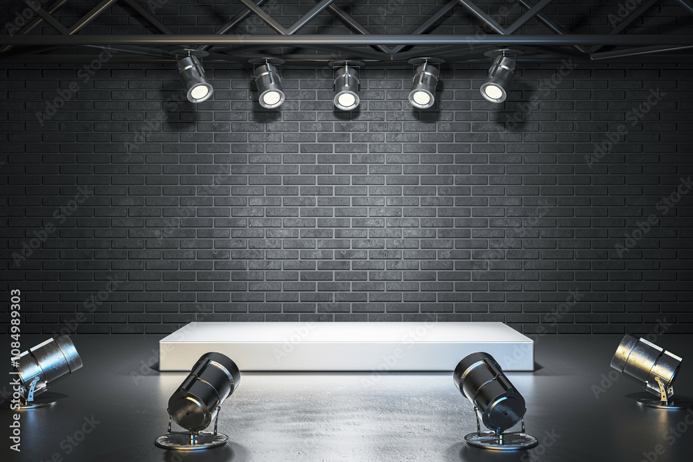 Poster Empty stage with spotlights on a black brick wall background in a modern event setting. 3D Rendering