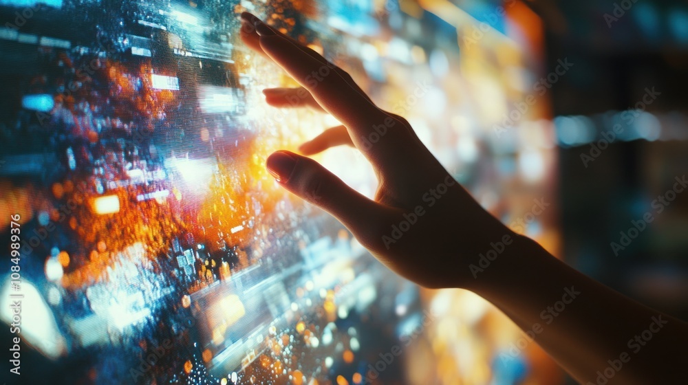 Poster A hand reaches out to touch a glowing digital interface, with data and information swirling around it.