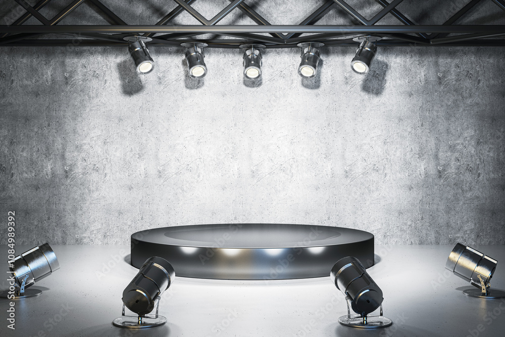Poster circular podium with spotlights on a concrete backdrop for a presentation or exhibit event. 3d rende