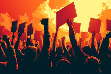 A vibrant illustration of a protest with raised fists and blank signs against a dramatic sunset.