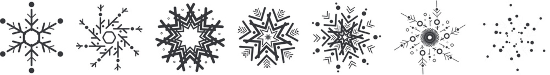 Bundle isolated set of snow flakes in black pictogram sign, for Christmas, new year , December, holiday graphic element