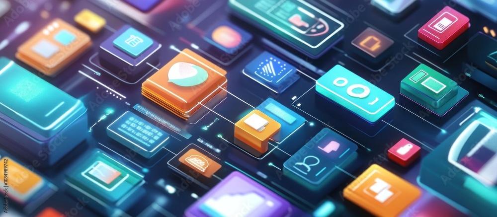 Aufkleber Colorful app icons connected by lines on a digital interface.