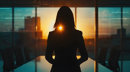 20. A confident businesswoman is silhouette merged with a transparent image of a boardroom and financial data